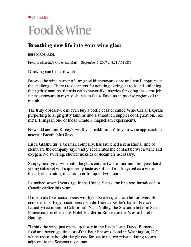 Globe & Mail Wine Critic Beppi Crosariol review of Eisch Red Wine Glass Effective Wine Aeration
