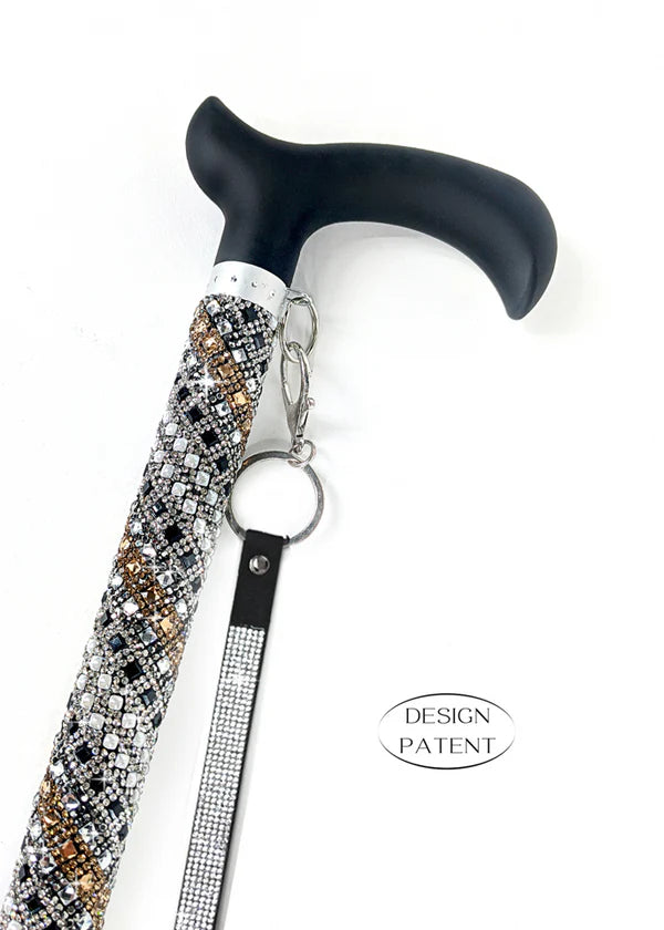 Jacqueline Kent Fancy Walking Cane - Diagonal Rhinestone Encrusted Silver Gold Black
