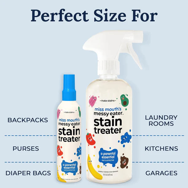 Comparison of convenience for 2oz and 12oz bottles of 'Miss Mouth's Messy Eater Stain Treater' non toxic stain remover.