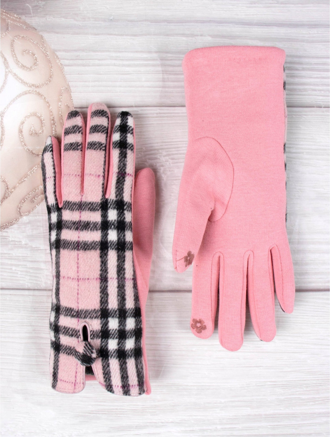 Women's Winter Pink and Black Plaid Gloves