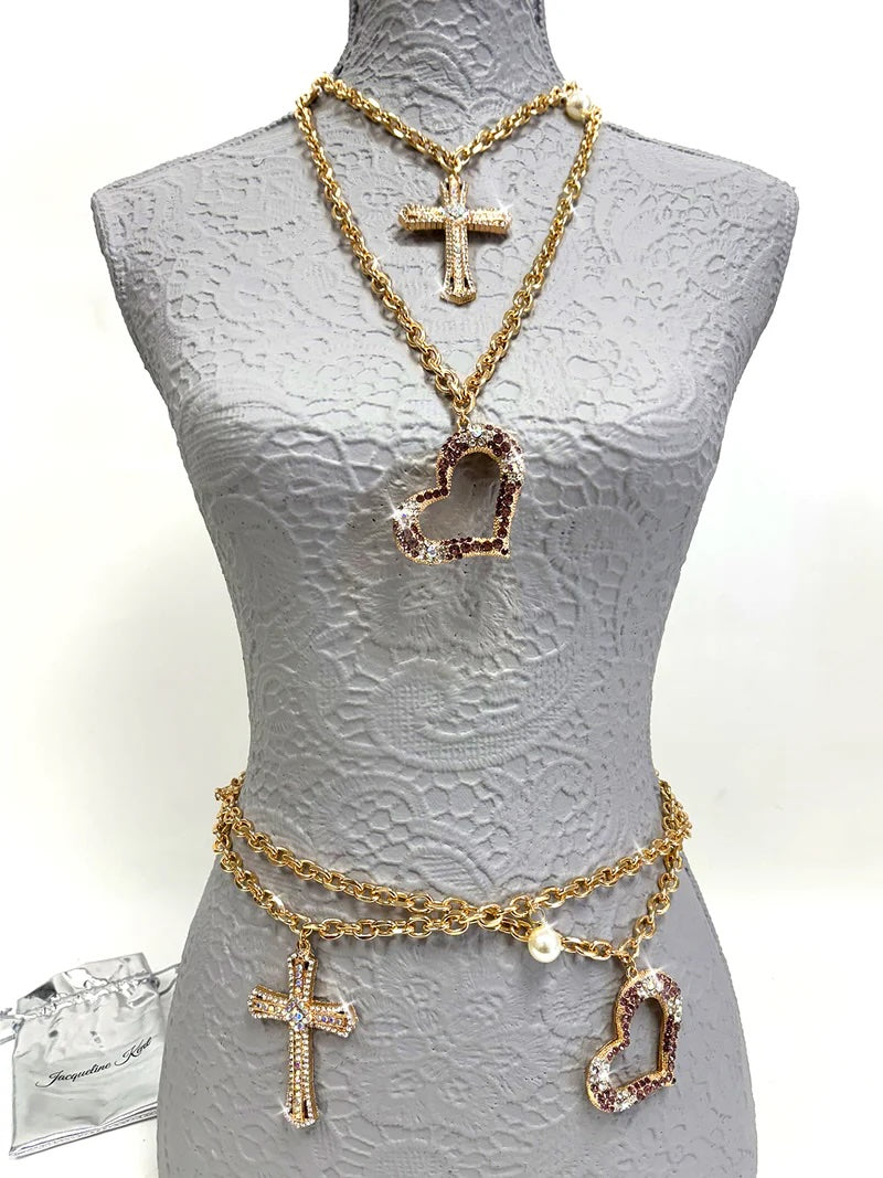 Gold chain necklace with cross and heart pendants can also be  used as a belt 