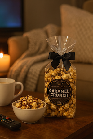Bag of caramel crunch popcorn on a table with a bowl of popcorn and a cup, in a cozy living room setting.