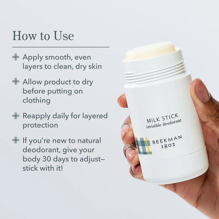 Beeckman 1802 Milk Stick deodorant with usage instructions 