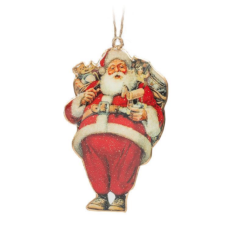 Decorative Christmas ornament of a vintage-style Santa Claus holding gifts on a white background