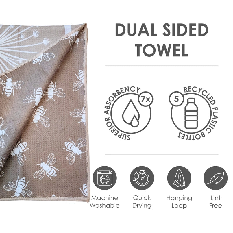 Dual-sided towel with bee pattern and dandelion sustainability icons 