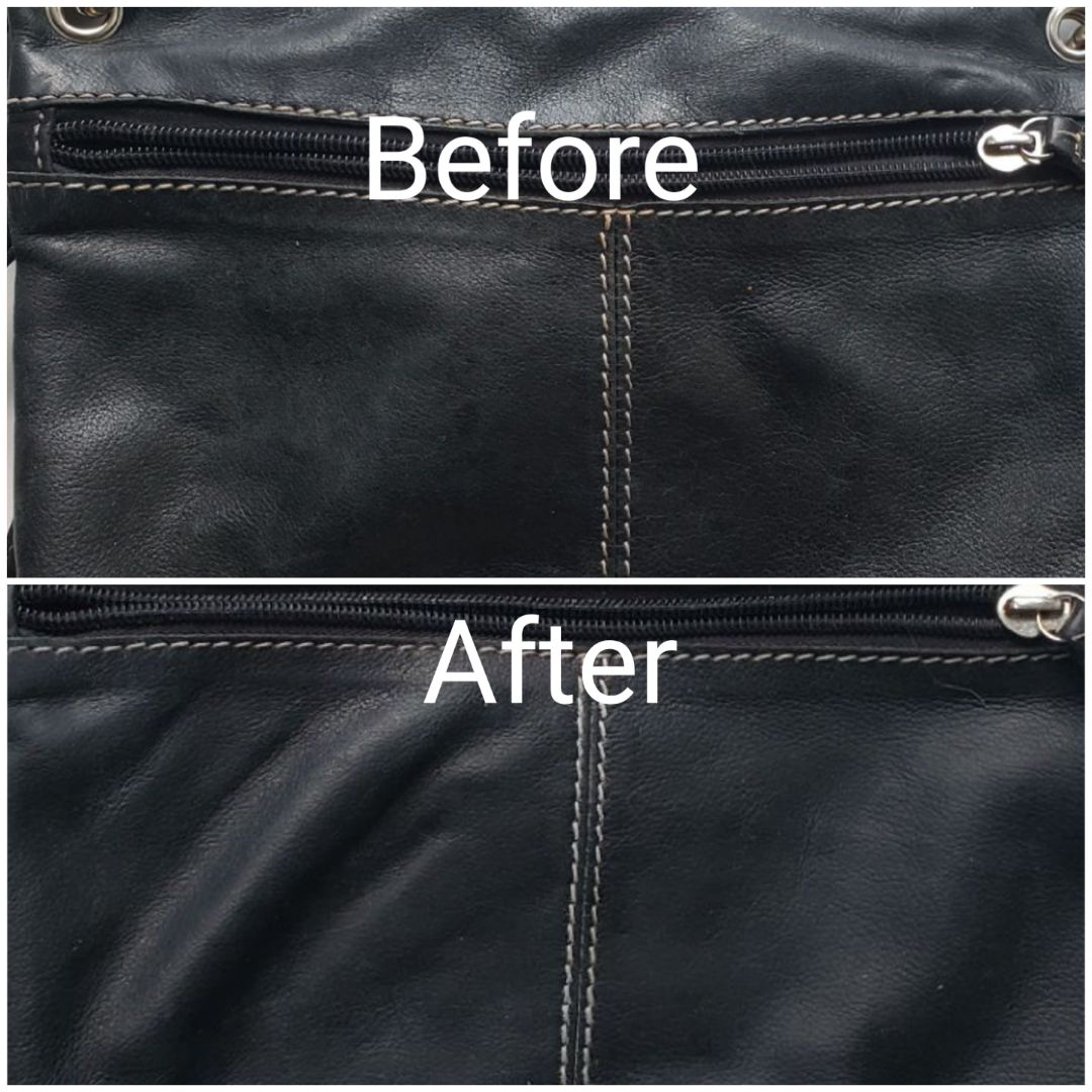 Before and after of Jude Miracle Clay Cleanser on a leather purse.