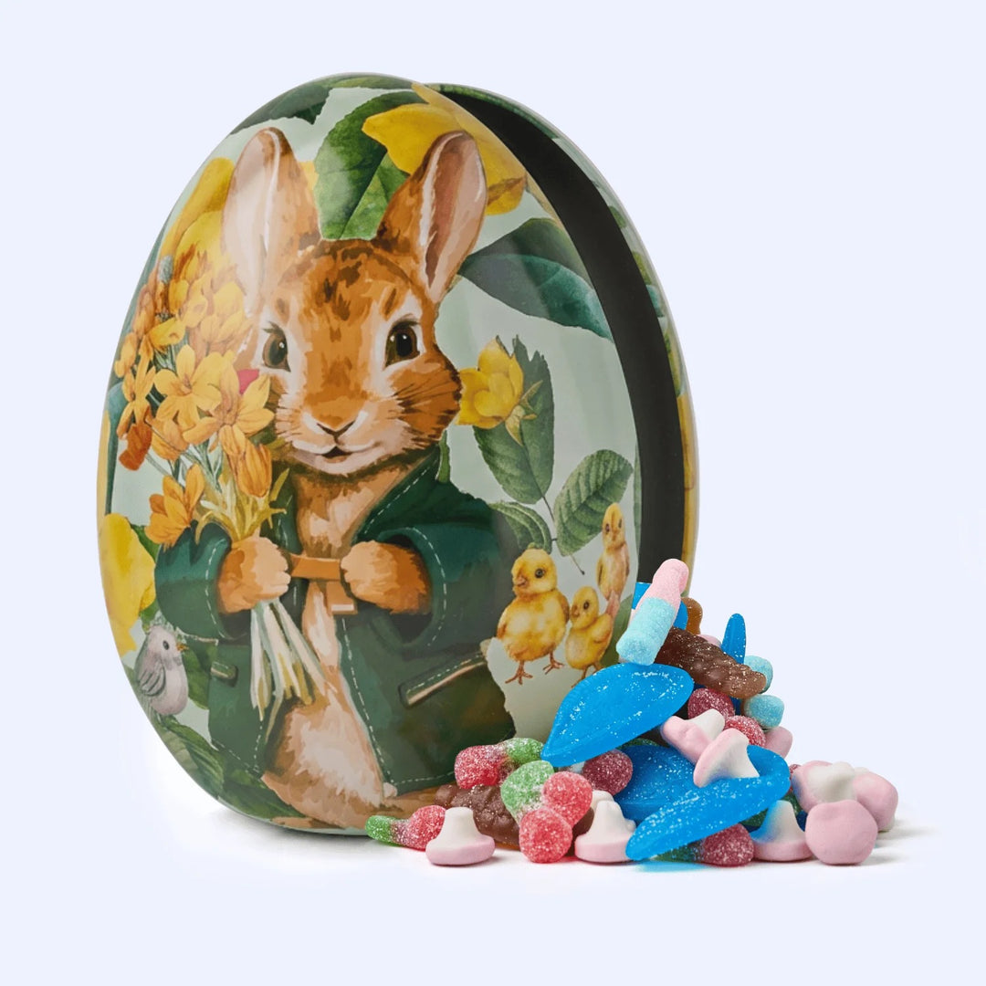 Decorative reusable metal Green and Yellow Easter egg by GAVA with a rabbit  - Emil and Swedish candy