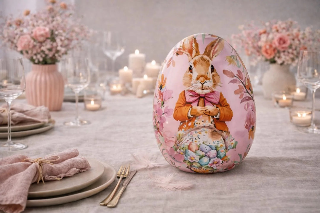 Decorative reusable metal Pink Easter egg by GAVA with a rabbit  - Saga on Easter table