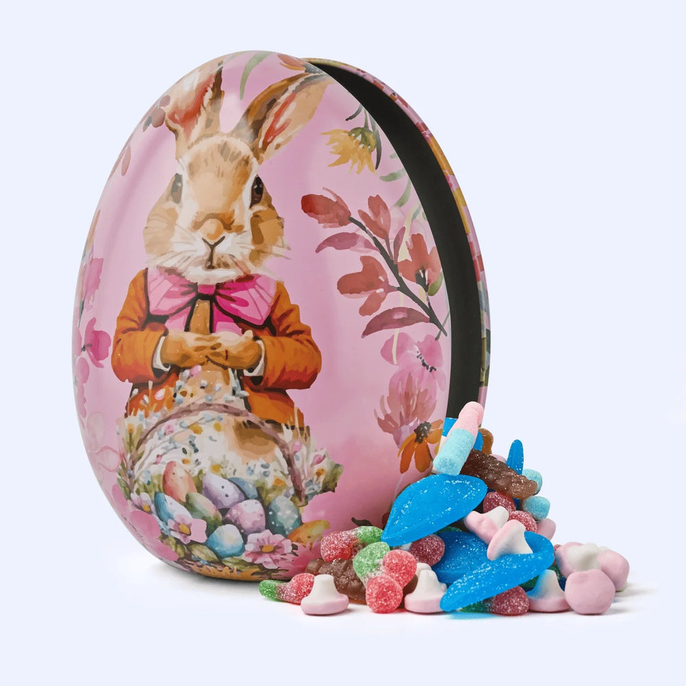 Decorative reusable metal Pink Easter egg by GAVA with a rabbit and candy - Saga
