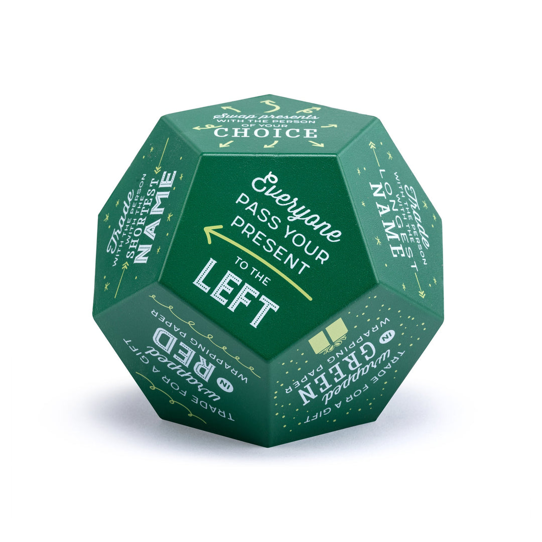 white elephant give exchange game Green polyhedron game piece with text on a white background