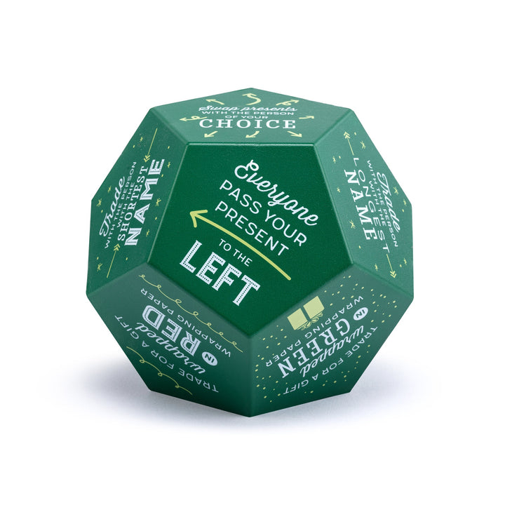 white elephant give exchange game Green polyhedron game piece with text on a white background