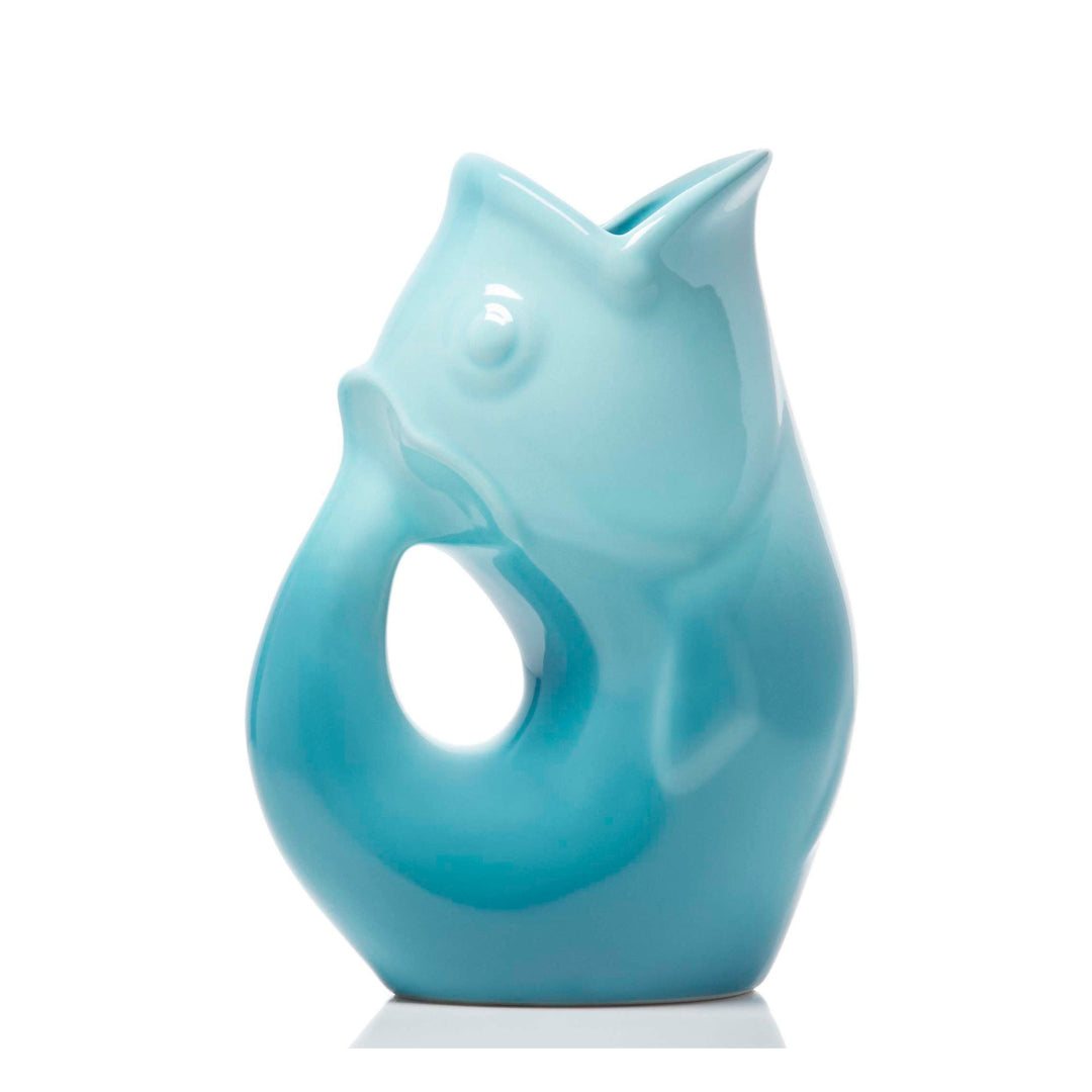 Large gurgle pot ceramic fish water pitcher ambre blue glossy finish 4oz