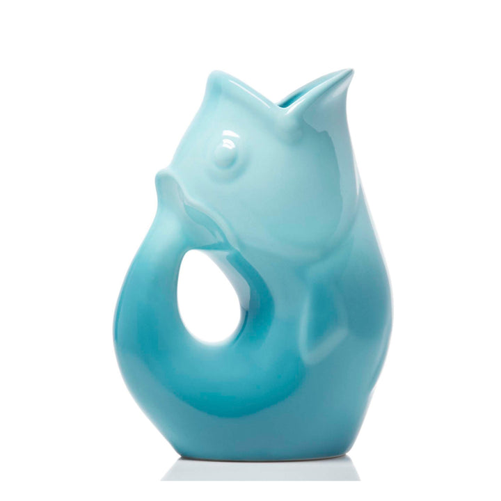 Large gurgle pot ceramic fish water pitcher ambre blue glossy finish 4oz