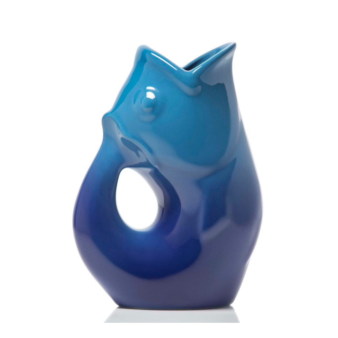 Large gurgle pot ceramic fish water pitcher ombre cobalt blue  glossy finish 4oz