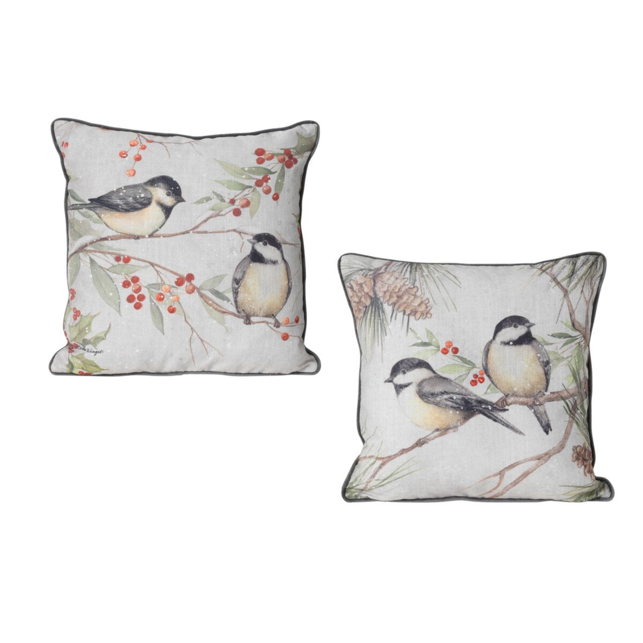 Holiday Chickadee Throw Pillows Birds Facing Away From Each Other