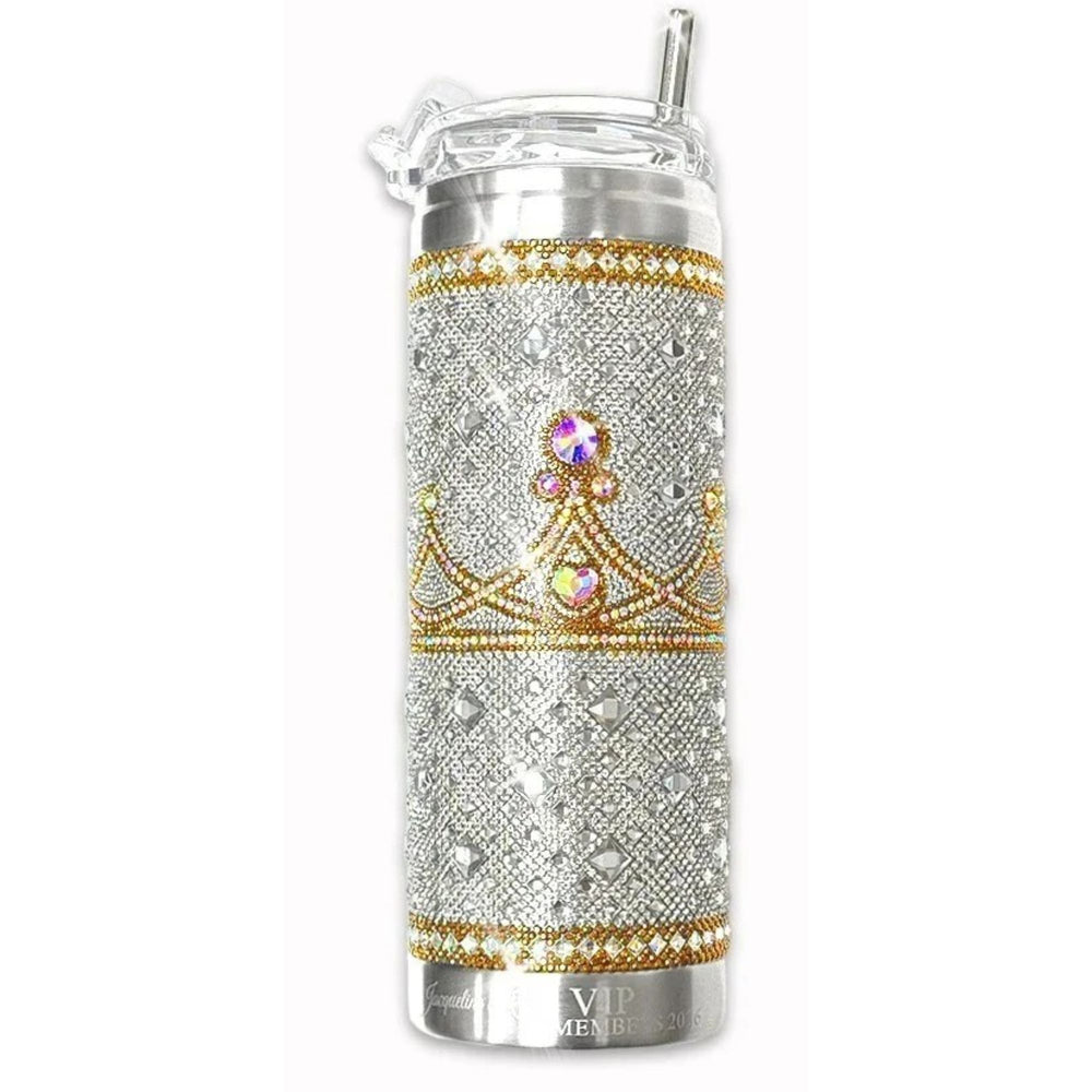 Jacqueline kent, rhinestone encrusted, bling water tumbler with a silver and gold royal crown-theme. Hydration bottle with rhinestone embellishments and a clear lid with straw, shown on a white background.