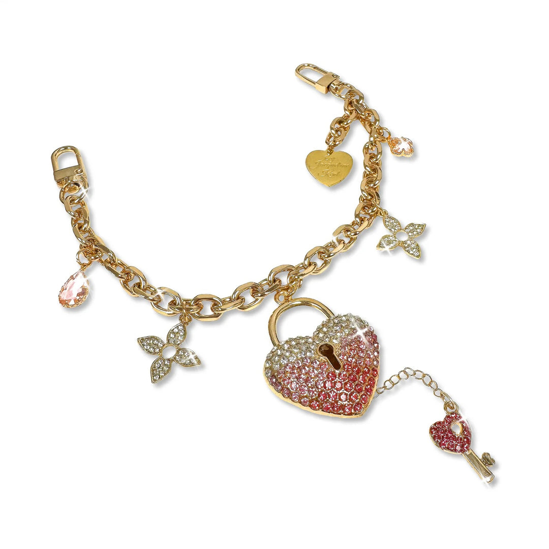 gold tone necklace with rhinestone lock and heart lock key charms, also use as purse charm