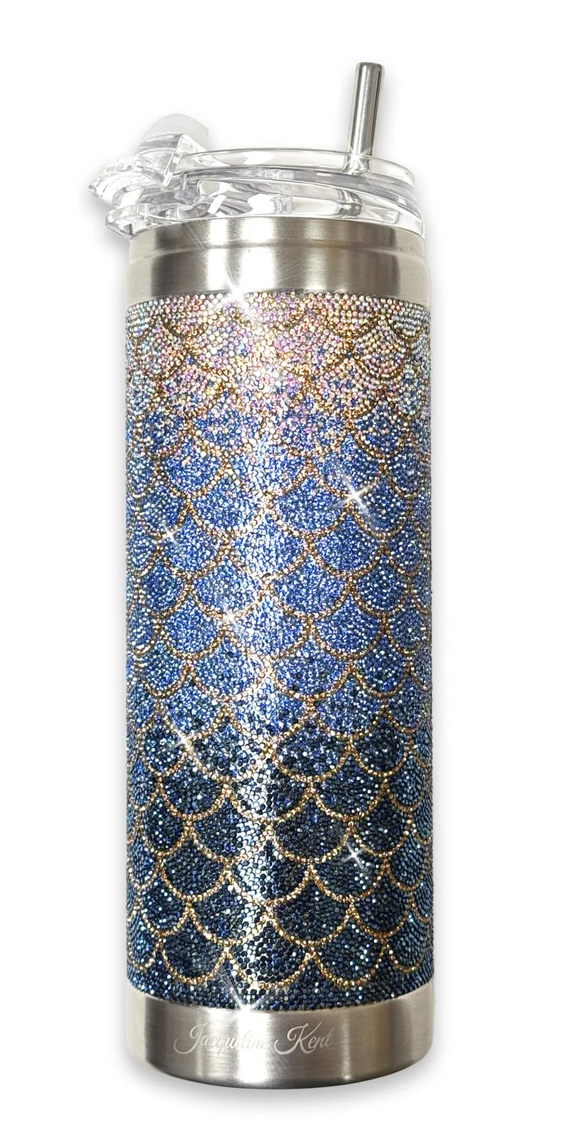 JACQUELINE KENT FANCY RHINESTONE TUMBLER -  MERMAID GOLD SCALES WITH AMBRE BLUE COLOUR