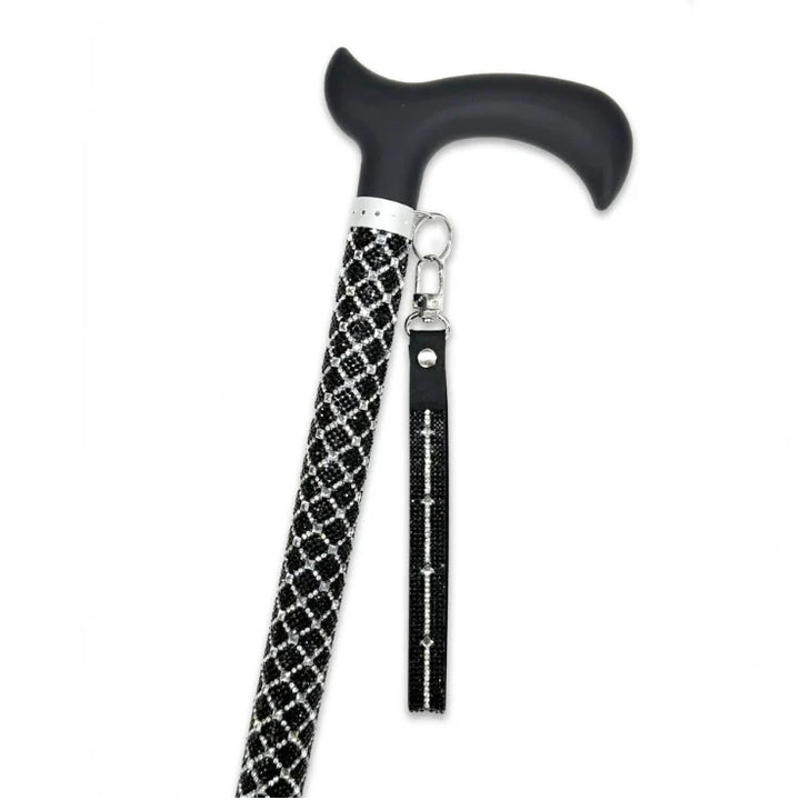 crystal encrusted medical grade fancy walking cane black with silver lattice pattern