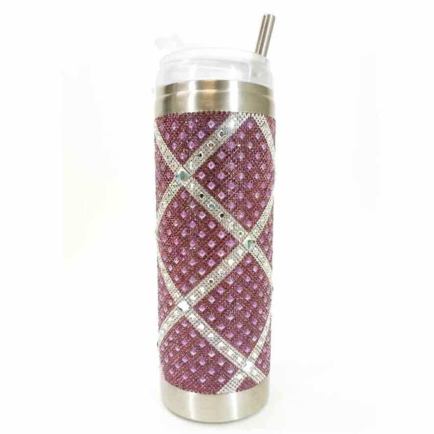 Tumbler with Lliac cyrstals  and silver laddice pattern on a Jacqueline Kent water bottle