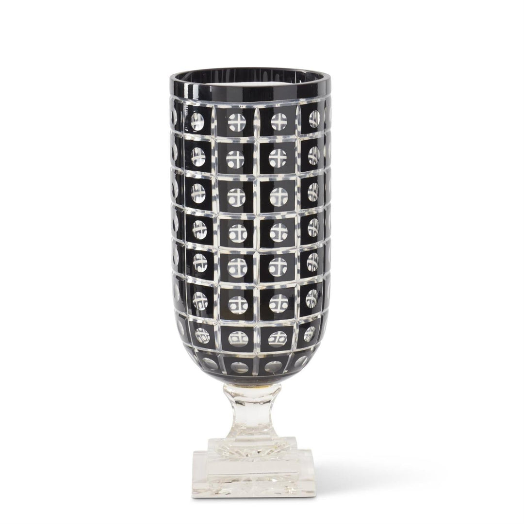 Black Vase on Clear Glass Pedestal 