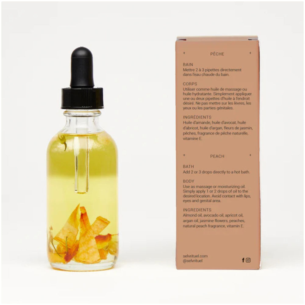 SELV Rituel LUV Botanical Bath & Body Oil bottle and packaging showing peach oil ingredients and directions