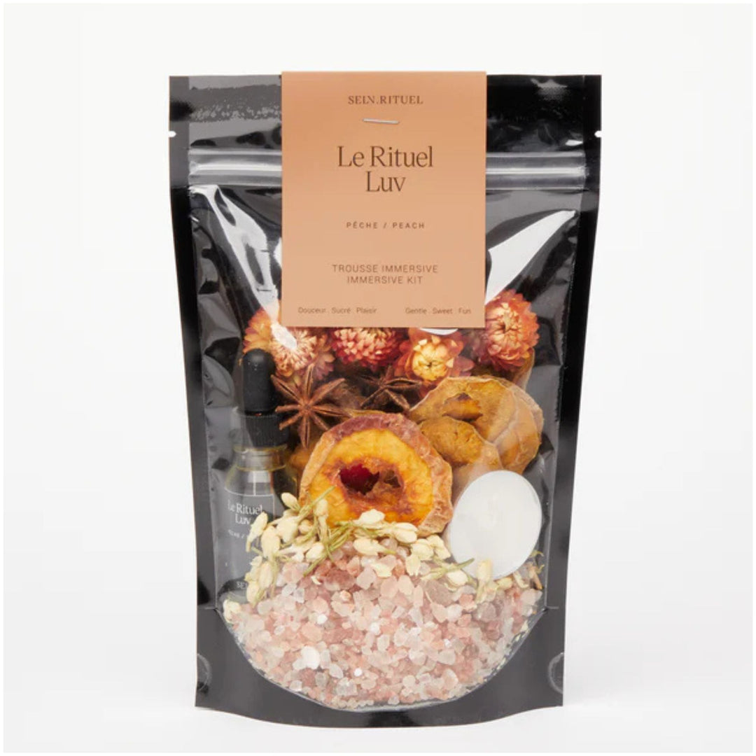 SELV Rituel LUV Immersive Bath Ritual Kit with Himalayan pink salt, peaches, jasmine flowers, star anise, botanical oil and floating candle