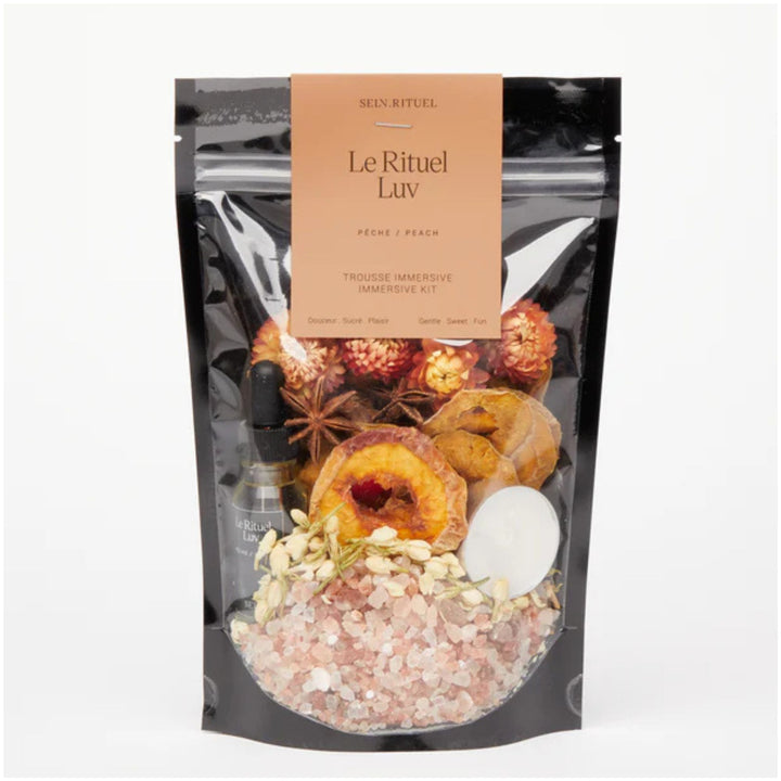 SELV Rituel LUV Immersive Bath Ritual Kit with Himalayan pink salt, peaches, jasmine flowers, star anise, botanical oil and floating candle