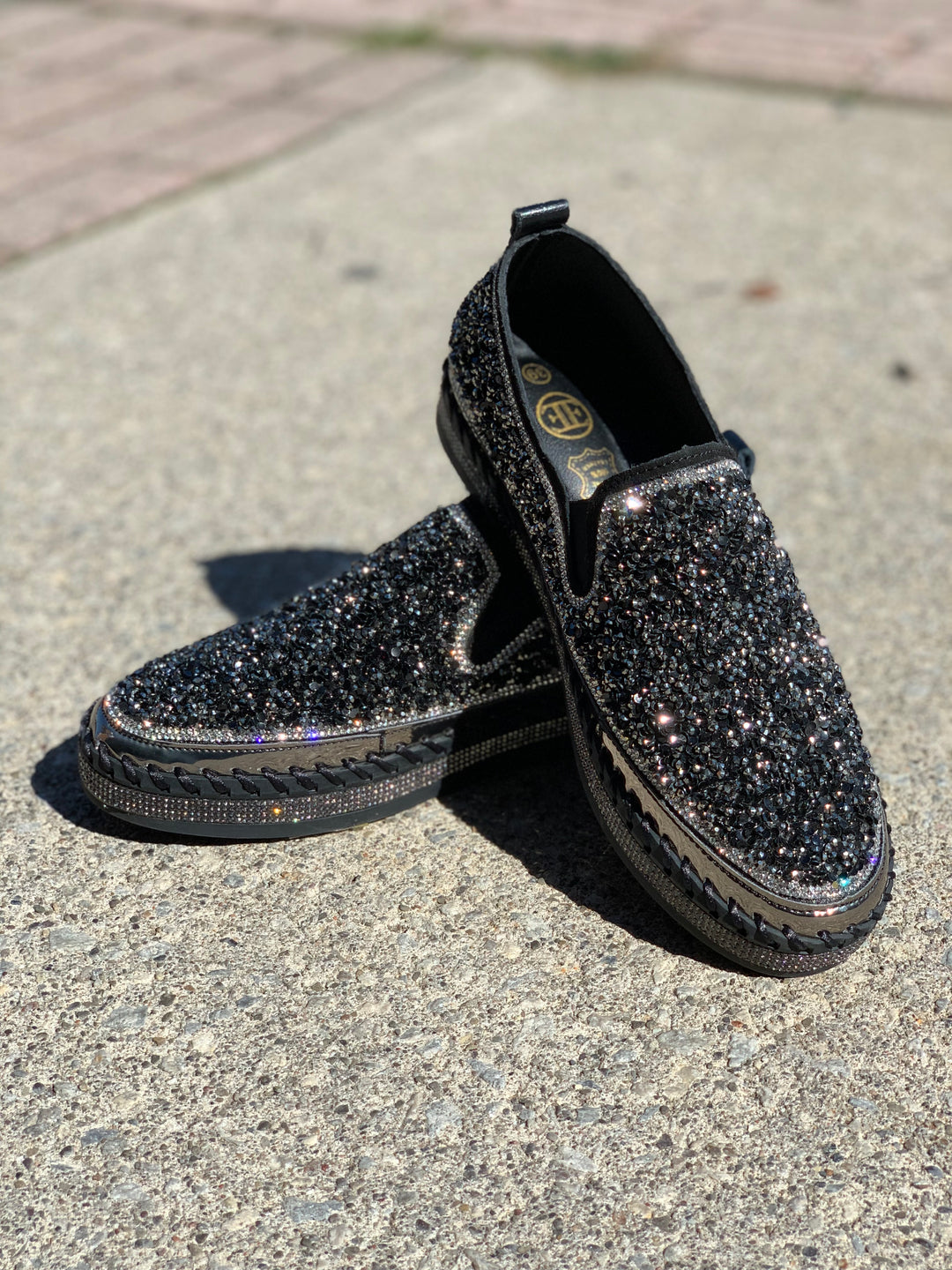 Women's Bling Rhinestone Glitter Leather Flat Slip-0n Shoes