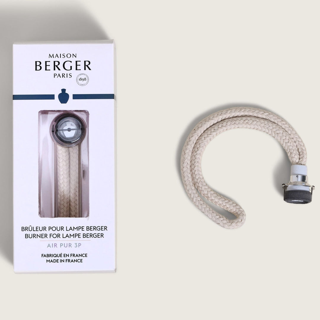 Maison Berger Paris Air Pur 3F burner replacement for Lampe Berger, showing the white branded retail box on the left and burner details with the beige braided cord with metal connector on the right.