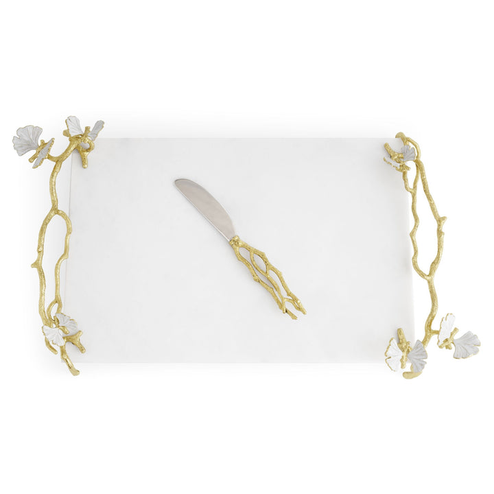 Michael Aram Butterfly Ginkgo Gold Cheese Board with Spreader, 20 x 10 inch white marble with gold branches and white enamel butterflies handles