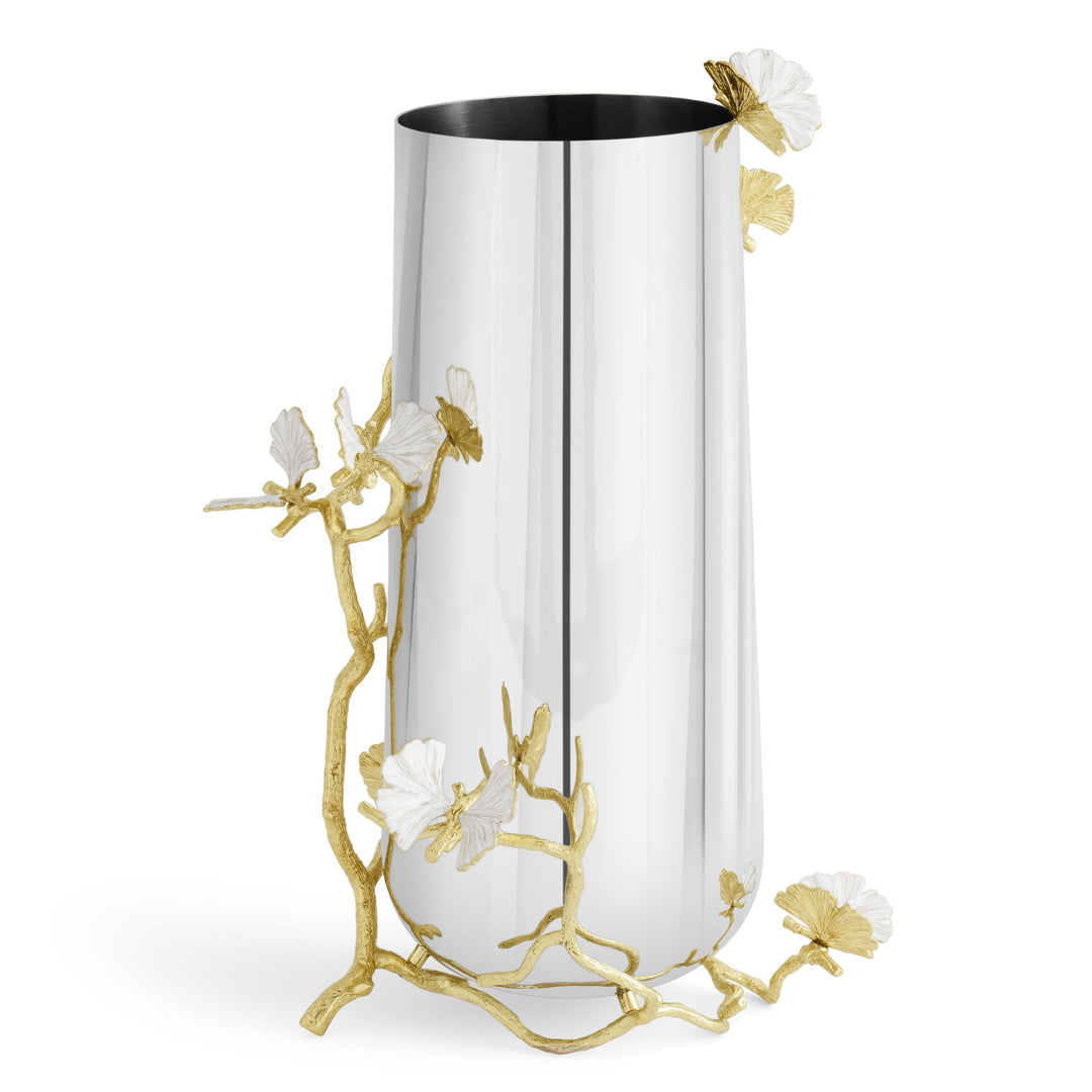 Side view of a Michael Aram Butterfly Ginkgo large vase showing the reflective silver-tone metal body and sculpted gold ginkgo branches wrapping around the vase with white butterfly-like leaf accents.