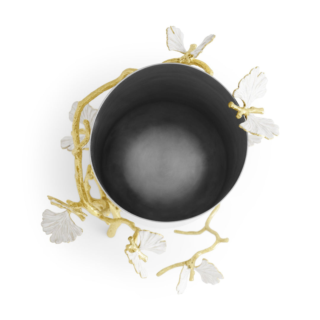 Top view of a Michael Aram Butterfly Ginkgo large vase showing the wide opening and interior, with sculpted gold ginkgo branches and white butterfly-like leaves that wrap around and project outward from the vase, creating a dimensional design.