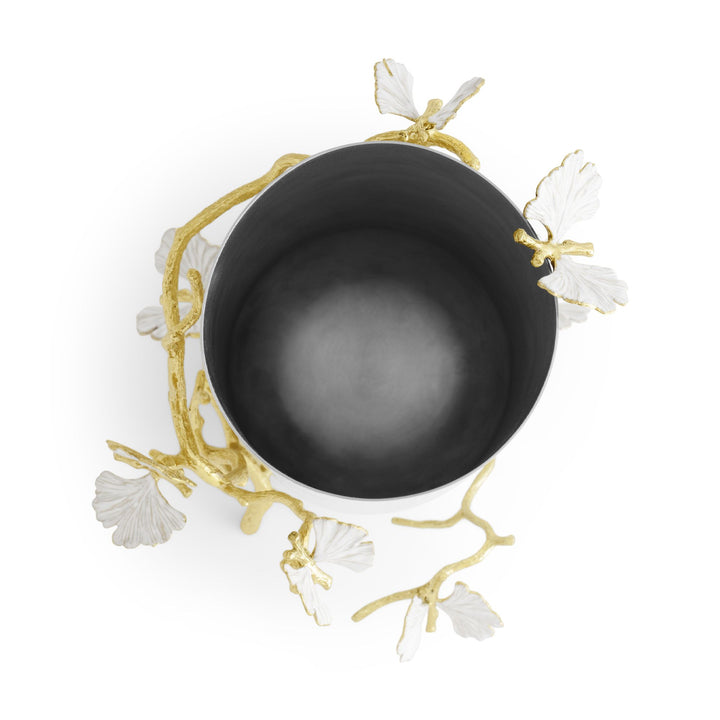Top view of a Michael Aram Butterfly Ginkgo large vase showing the wide opening and interior, with sculpted gold ginkgo branches and white butterfly-like leaves that wrap around and project outward from the vase, creating a dimensional design.