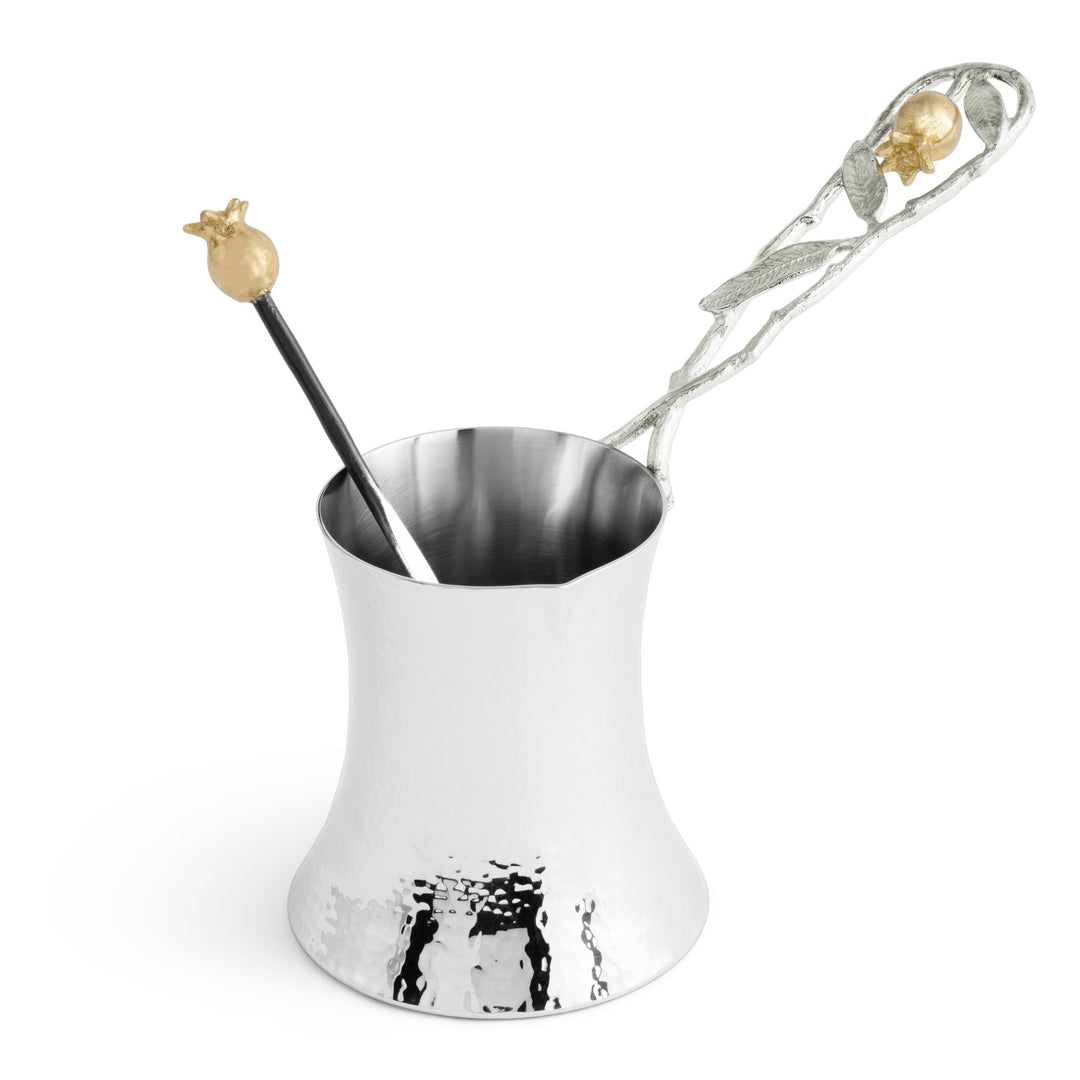 Michael Aram Pomegranate Silver & Gold coffee pot with hammered silver-tone body, sculptural branch handle with gold-tone pomegranate accent and coordinating spoon