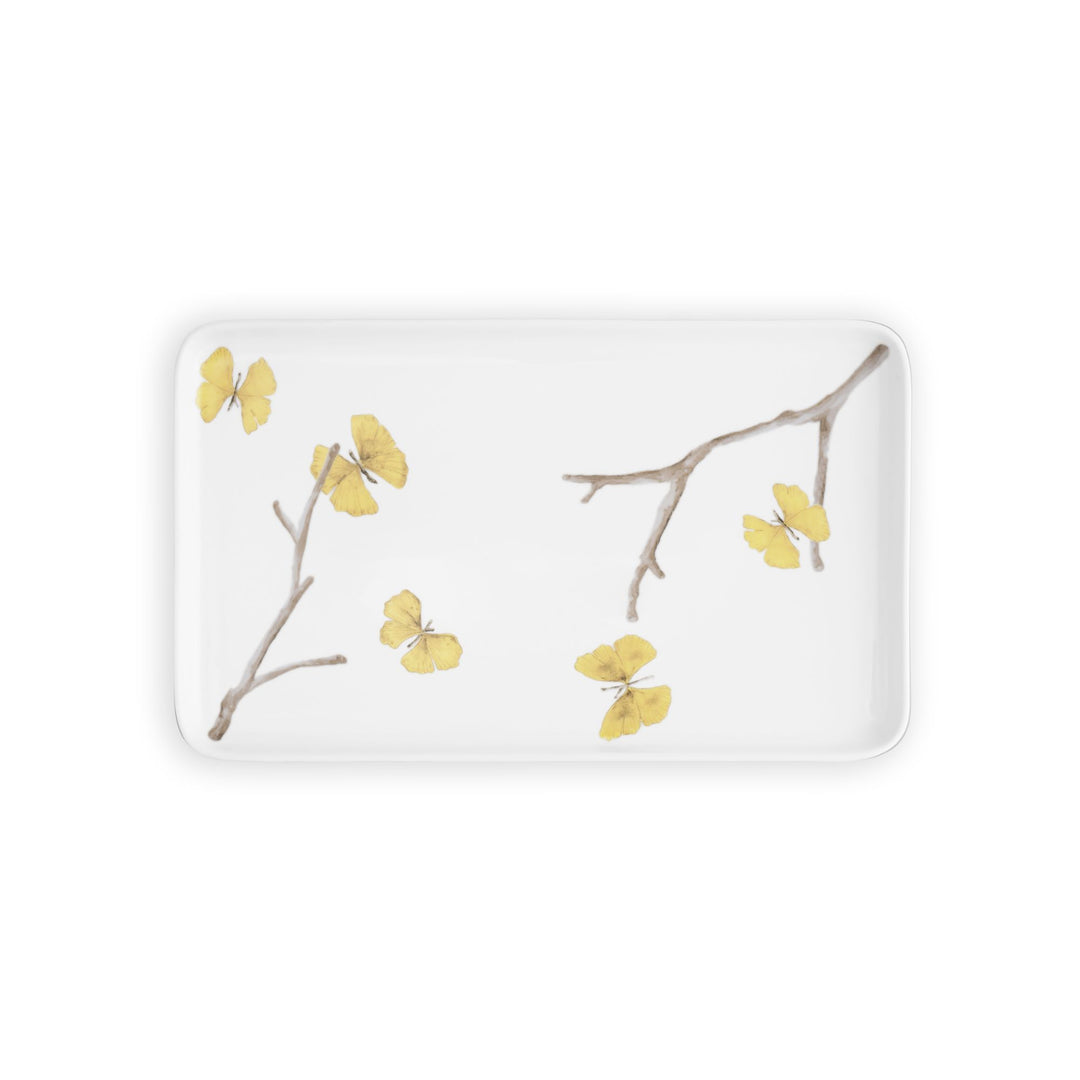 Michael Aram butterfly ginkgo porcelain rectangle tray with lip white with brown branches and gold butterflies