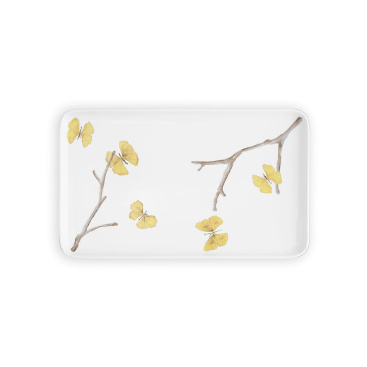 Michael Aram butterfly ginkgo porcelain rectangle tray with lip white with brown branches and gold butterflies