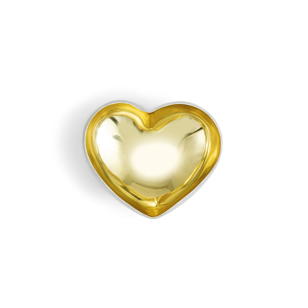 Nickleplated Gold and silver heart-shaped bowl  or trinket dish. Handmade heart dish top view