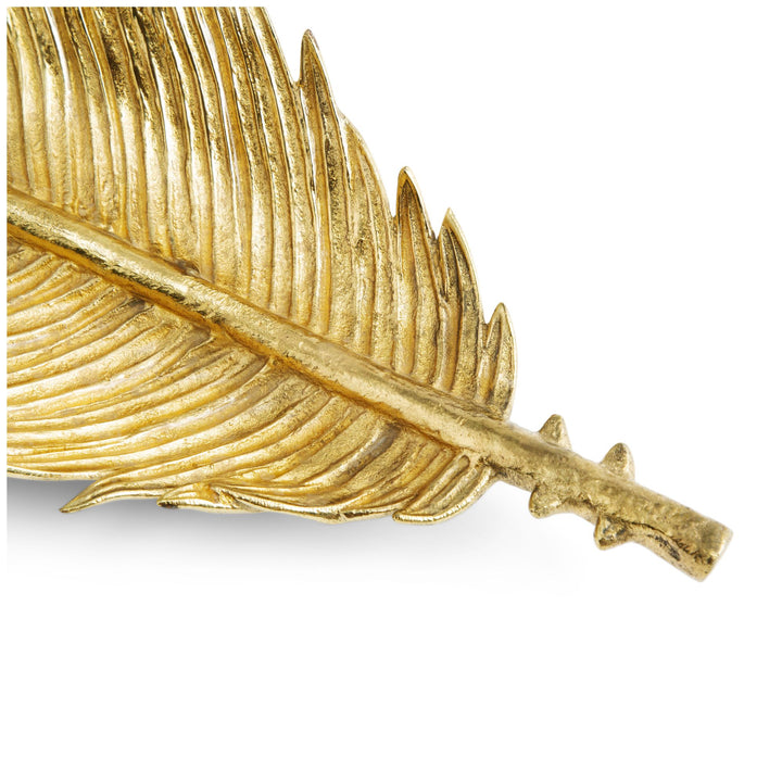 Gold feather-shaped metal Bread Dish by Micheal Aram for wedding gift idea close up