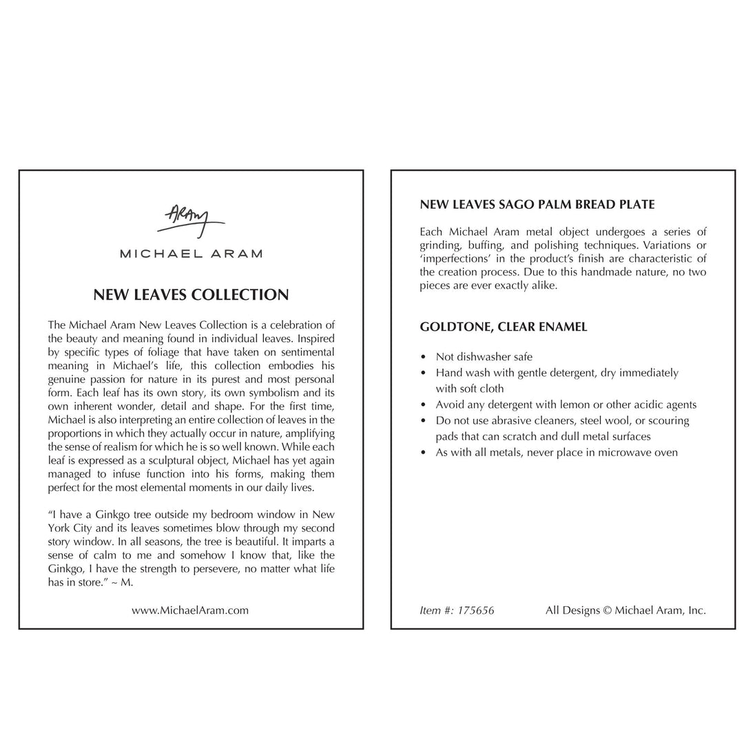 Product description card for Michael Aram New Leaves Collection featuring a Sago Palm Bread Plate.