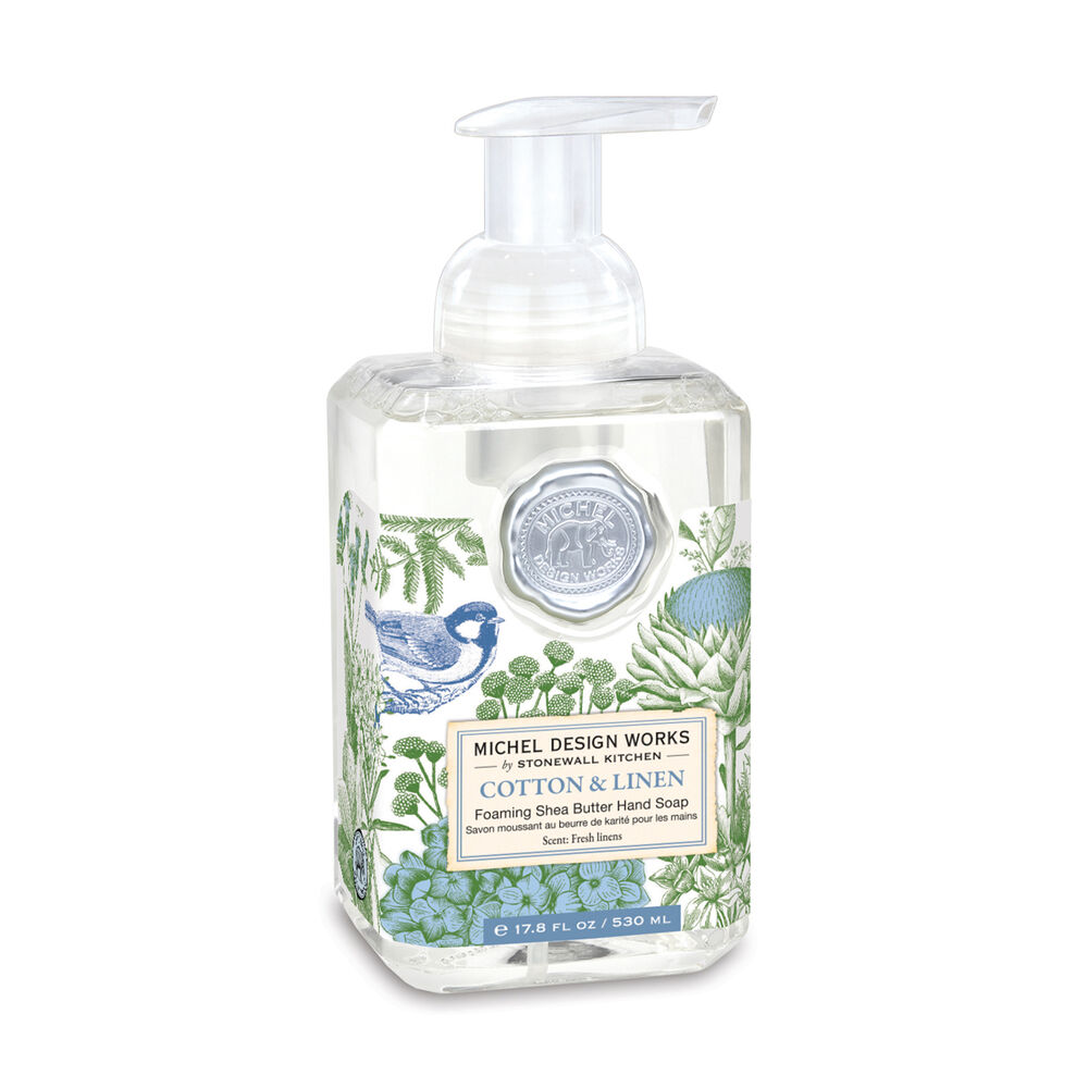 Giftable foaming hand soap Michel Design Works Cotton & Linen kitchen bathroom sink with beautiful illustrations