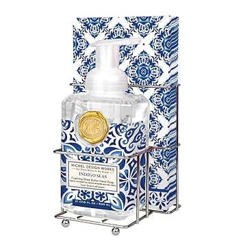 Michel Design Works Scented Foaming Soap and matching napkins - blue pattern, Indigo Seas  together in silver metal caddy