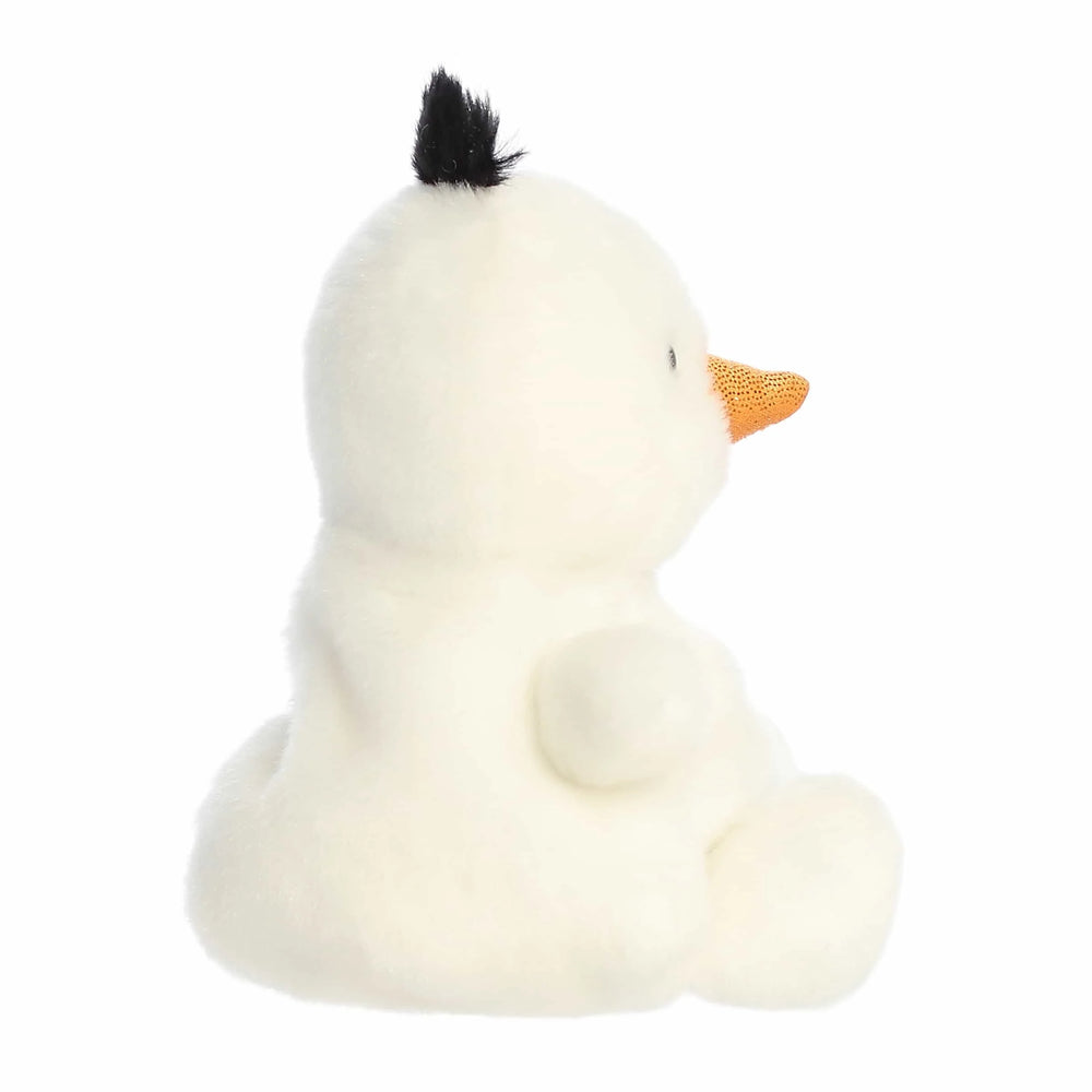 White plush snowman with black buttons and an orange carrot nose - palm pals freeze snowman side view