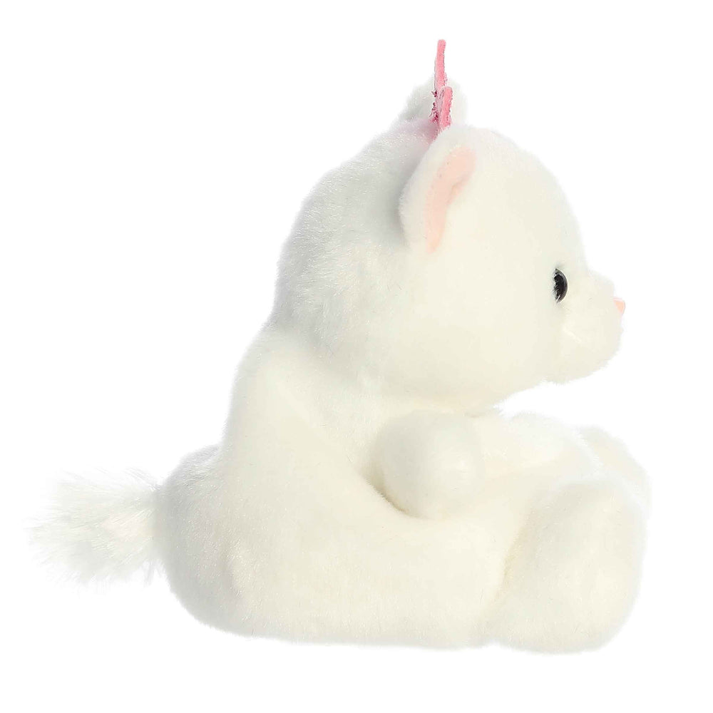 White plush cat toy with a pink bow - Palm Pals Priscilla Princess Kitty Cat side view