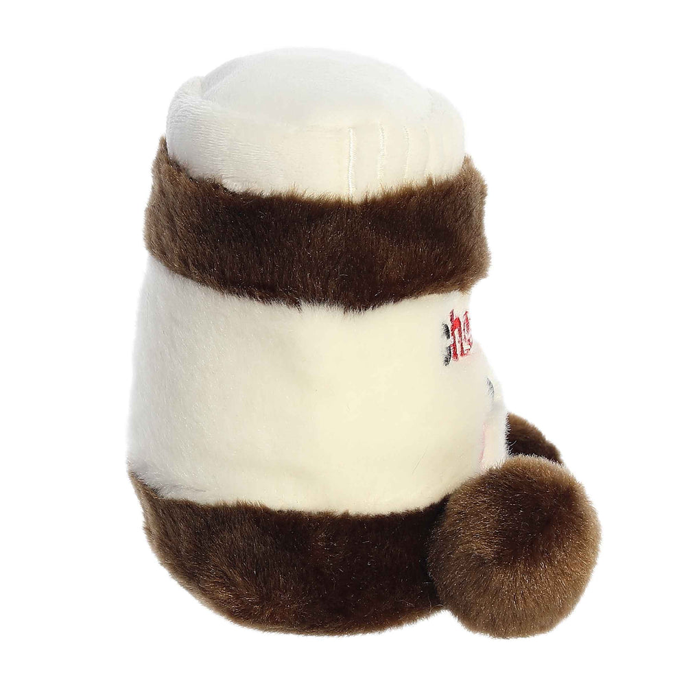 Plush toy resembling a jar of chocolate with a smiling face Palm Pals silky chocolate side view