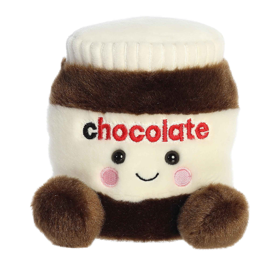 Plush toy resembling a jar of chocolate with a smiling face Palm Pals silky chocolate