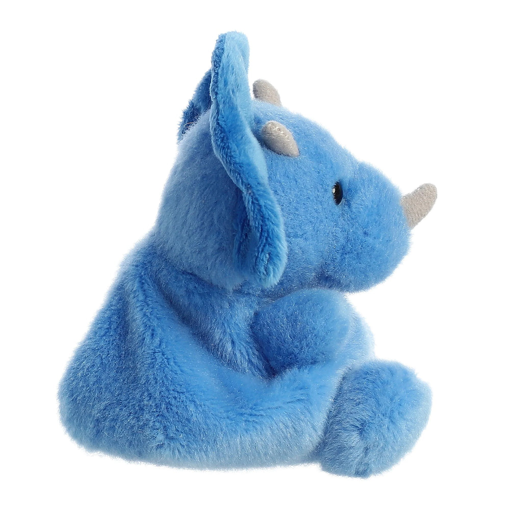 Blue plush tan triceratops palm pal side view