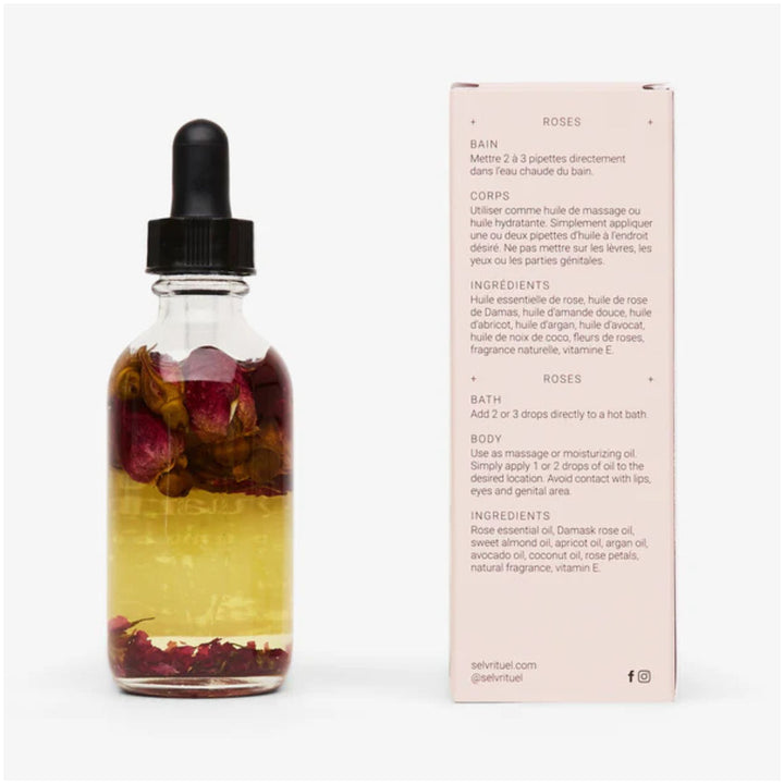 SELV Rituel Quartz Botanical Bath & Body Oil bottle and packaging showing ingredients and directions