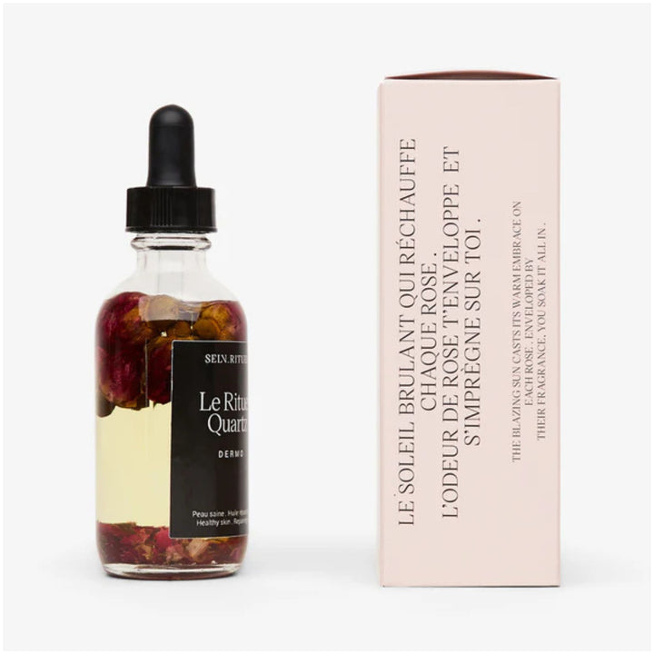 SELV Rituel Quartz rose Botanical Bath & Body Oil with bottle and gift packaging side view