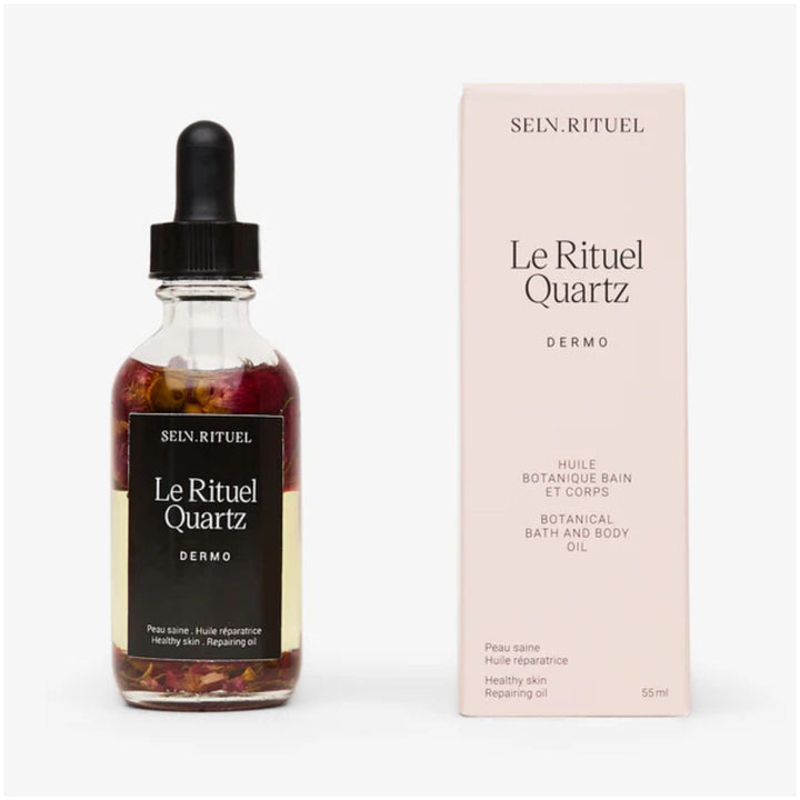 SELV Rituel Quartz Botanical Bath & Body Oil with rose botanicals and gift box